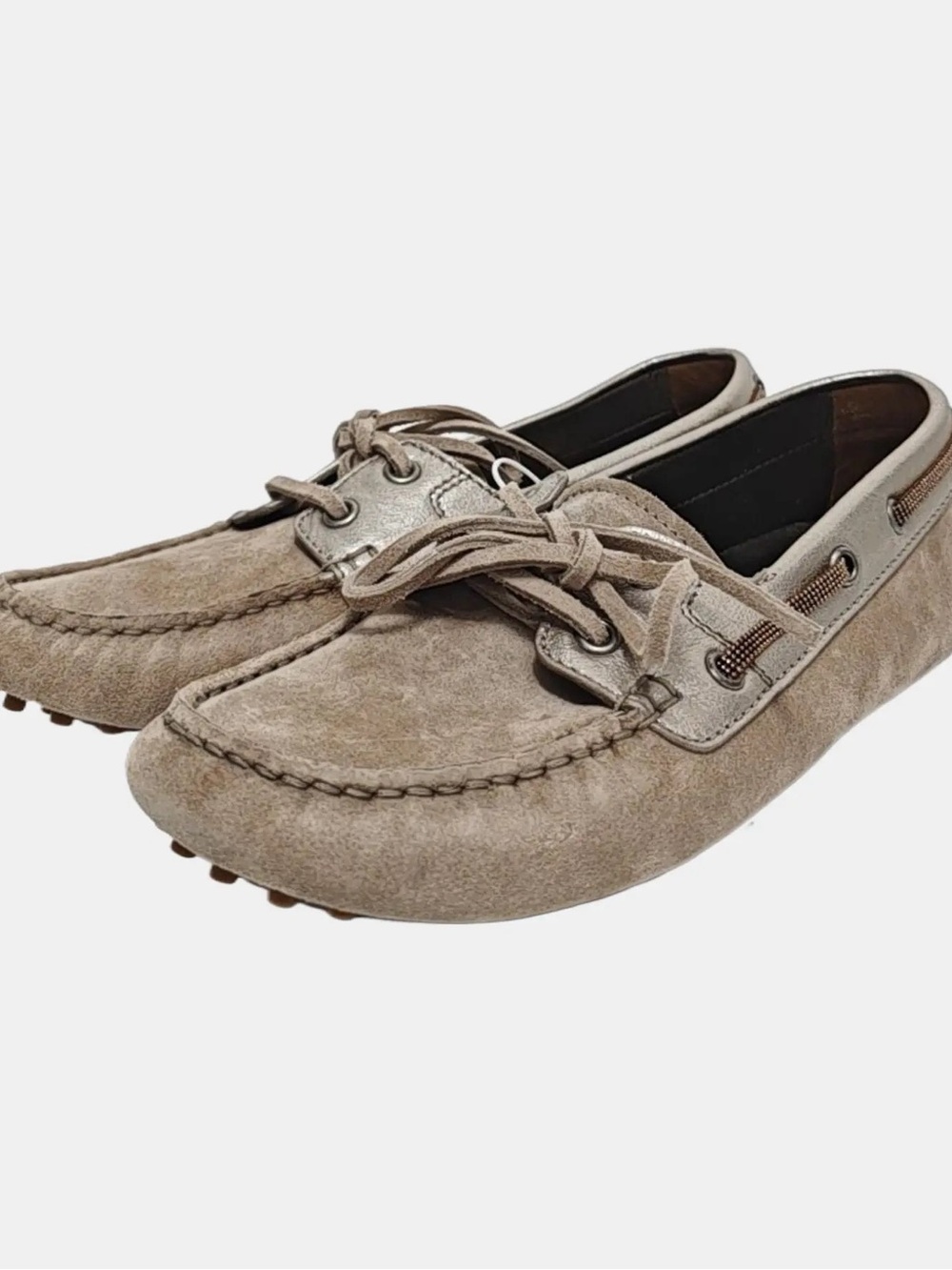 Brunello Cucinelli Taupe Suede Lace-Trim Loafer